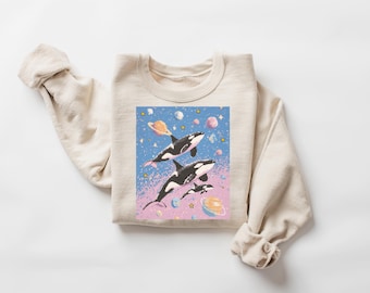 Cosmic Orca Sweatshirt, Space Whale Shirt, Pastel Galaxy Tee, Ocean Aesthetic T-Shirt, Dreamy Wildlife Art, Gifts for Her, Weirdcore