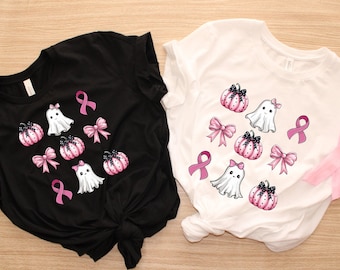 Coquette Halloween Breast Cancer Shirt, Ghost Breast Cancer Support Squad Shirt,In October We Wear Pink Ghosts, Breast Cancer Awareness Gift