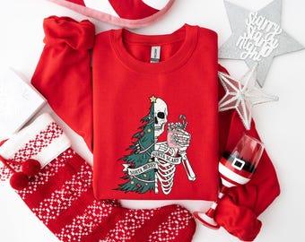 Sorta Merry Sorta Scary Crewneck, Funny Christmas Sweatshirt, Cute Spooky Season Sweater, Custom Christmas Skeleton Sweatshirt