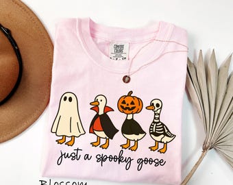 Comfort Colors® Just A Spooky Goose Shirt, Funny Halloween Goose Tee, Skeleton Pumpkin Ghost Sweatshirt, Cute Fall T-Shirt, Silly Goose