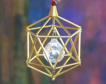 NEW! 7 Chakras Icosahedron Suncatcher / Pendulum - Crystal Beads - Gold Tones - 2 1/4” x 5 1/4”