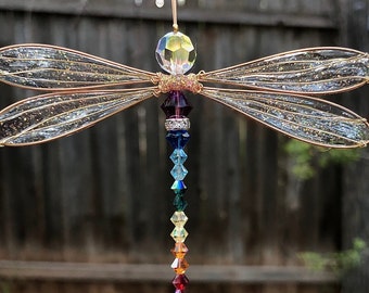 NEW! 7 Chakras Swarovski Suncatcher Dragonfly Small Dazzlefly- Measures 3-3/4” x 3”- Silver or Gold Toned-