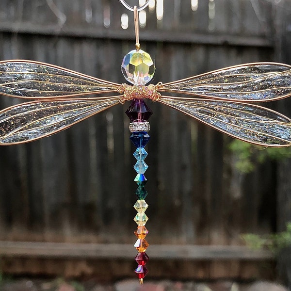 NEW! 7 Chakras Swarovski Suncatcher Dragonfly Small Dazzlefly- Measures 3-3/4” x 3”- Silver or Gold Toned-