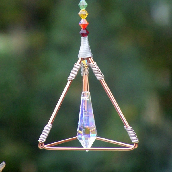 Pendulum Pyramid - 7 Chakra Crystal Beads Suncatcher - 2 1/2” x 4 1/2”