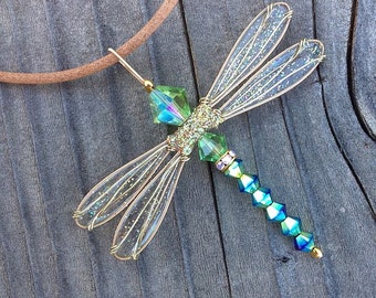 Dragonfly Necklace - Birthstones & 28 More Swarovski Colors - Dazzlefly on Leather Cord