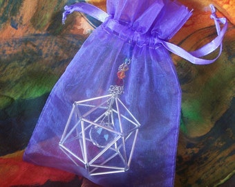 NEW! 7 Chakras Icosahedron Suncatcher / Pendulum - Crystal Beads - Silver Tones - 2 1/2” x 5 1/4”