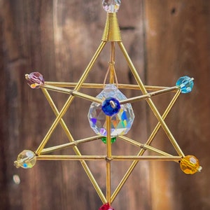 NEW! 7 Chakras Merkaba Suncatcher / Pendulum - Large Crystal Beads - Gold Tones - 3” x 4 3/4”