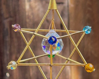 NEW! 7 Chakras Merkaba Suncatcher / Pendulum - Large Crystal Beads - Gold Tones - 3” x 4 3/4”