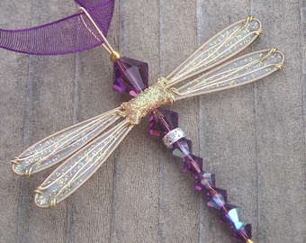 Dragonfly Necklace - Birthstones & 28 More Colors - Gold Toned Dazzlefly - Appx. 2” x 2”