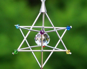 7 Chakras Merkaba Suncatcher / Pendulum - Crystal Beads - Silver Tones - 3” x 4 3/4”