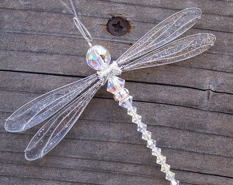 Suncatcher Dragonfly Small Dazzlefly - Birthstones & 28 More Colors- Measures 3-3/4” x 3” -SILVER Toned-