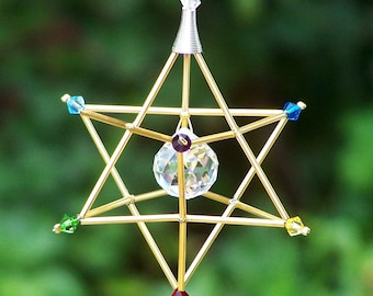 7 Chakras Merkaba Suncatcher / Pendulum - SWAROVSKI - Gold Tones - 3” x 4- 3/4”