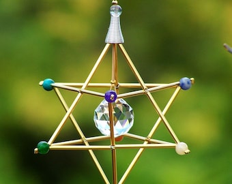 7 Chakras Merkaba Suncatcher / Pendulum - GEMSTONE - Gold Tones - 3” x 4 3/4”