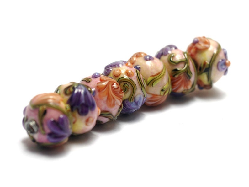 Handmade Glass Lampwork Beads Set 11005801 Seven Purple wOrange Flora Rondelle Beads