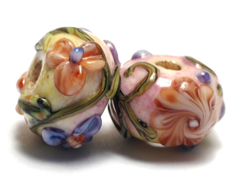 Handmade Glass Lampwork Beads Set 11005801 Seven Purple wOrange Flora Rondelle Beads