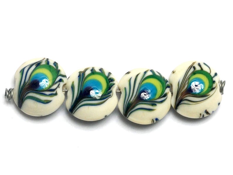 10508012 Handmade Glass Lampwork Bead Set Four Peacock Feather Lentil Beads SALE NEW