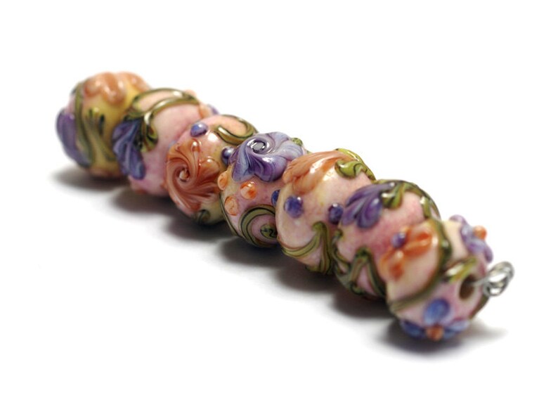 Handmade Glass Lampwork Beads Set 11005801 Seven Purple wOrange Flora Rondelle Beads