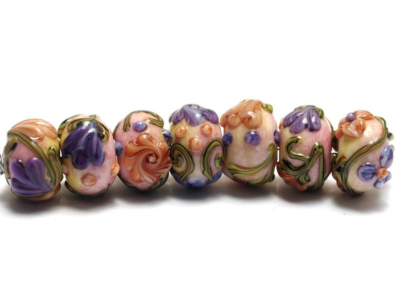Handmade Glass Lampwork Beads Set 11005801 Seven Purple wOrange Flora Rondelle Beads