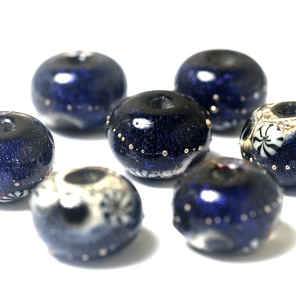 Handmade Glass Lampwork Beads - Seven Indigo Night Celestial Rondelle Beads 10604101