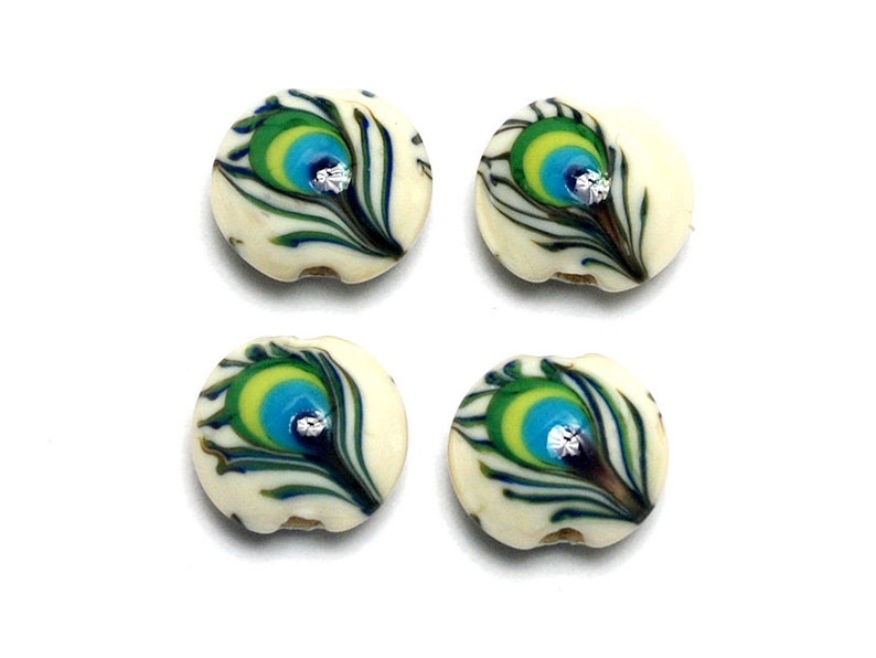 10508012 Handmade Glass Lampwork Bead Set Four Peacock Feather Lentil Beads SALE NEW