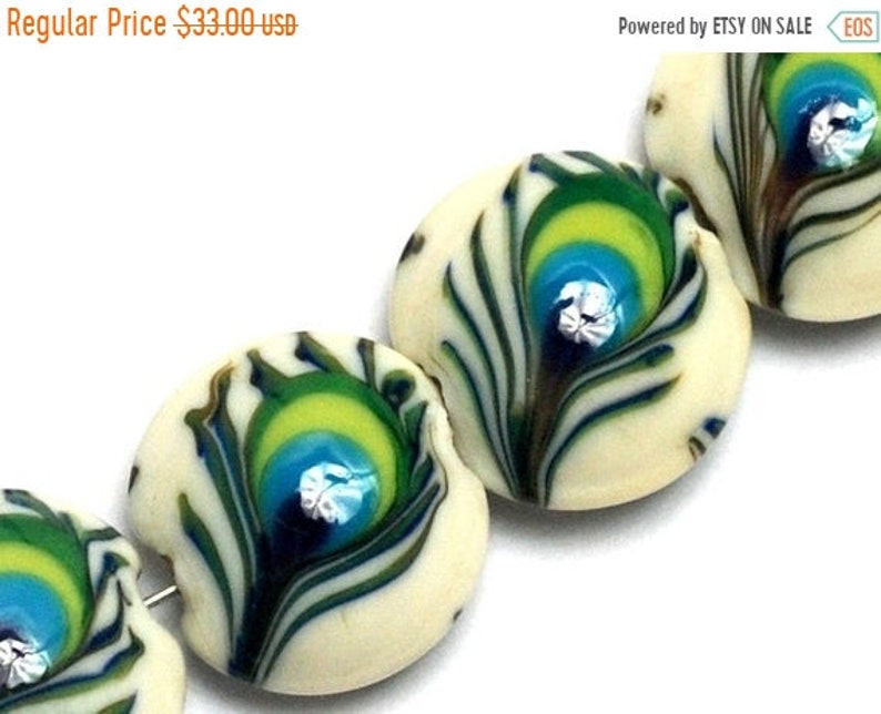 10508012 Handmade Glass Lampwork Bead Set Four Peacock Feather Lentil Beads SALE NEW