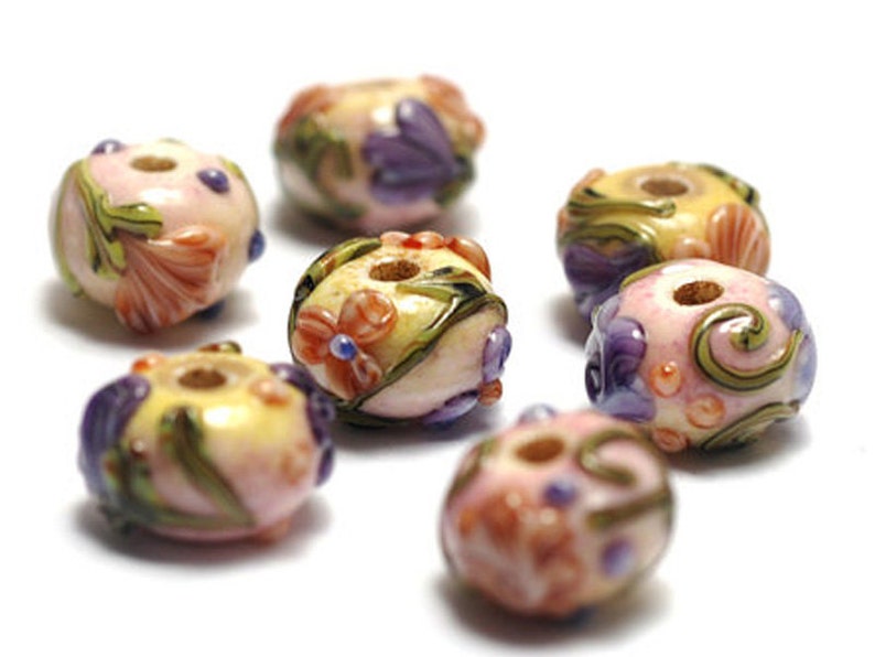 Handmade Glass Lampwork Beads Set 11005801 Seven Purple wOrange Flora Rondelle Beads
