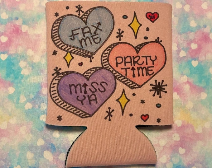 handmade pastel pink heart koozie | cute can cozy for seltzer soda beer | vaporwave conversation hearts can sleeve