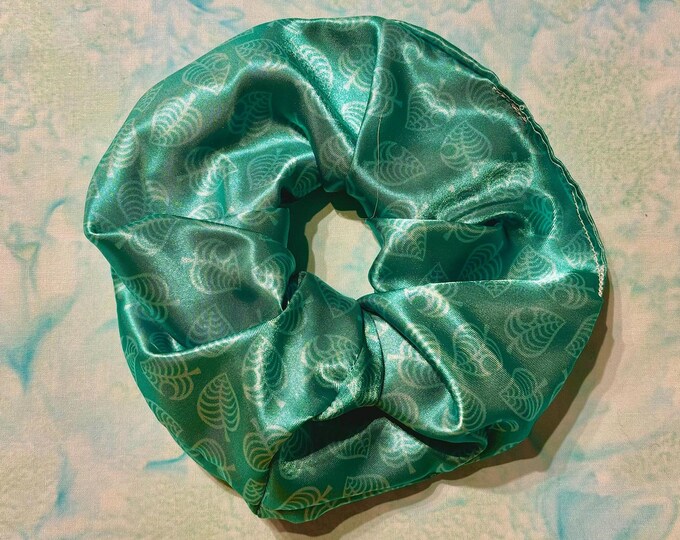 green nook inc jumbo satin scrunchie | island gamer aesthetic | for updos ponytails pigtails | emerald leaf pattern hair tie