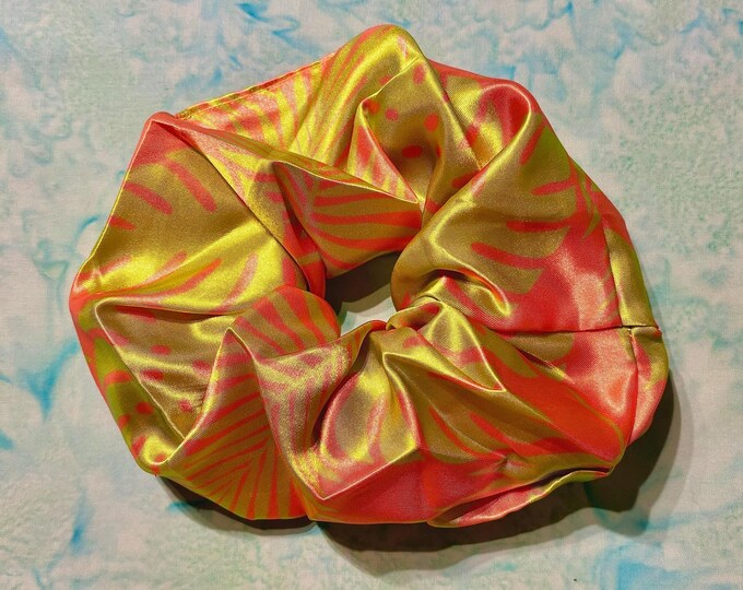 neon tropical leaf jumbo satin scrunchie | for ponytails updos pigtails | vibrant vacay vibes | leafy island getaway hair tie