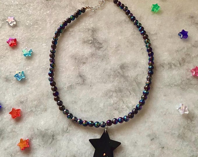 black pearl iridescent choker w sparkly star pendant | goth coded candy jewelry | stretchy adjustable beaded necklace | for witchy babes