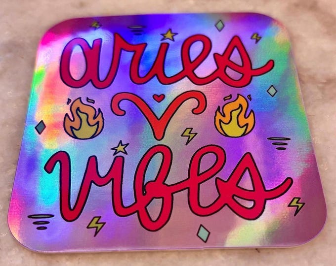 aries vibes holographic square sticker | for waterbottles laptops | fire signs zodiac inspired | flashy spring star sign aesthetic