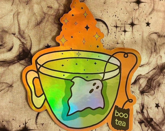 boo tea spooky holographic sticker | for waterbottles laptops | creepy cute booty vibes | neon halloween steeping tea