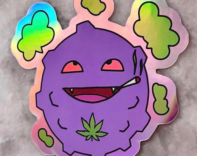 holographic koffing smoking weed sticker | for waterbottles laptops | nerdy kawaii stoner vaping sticker | all star blunt rotation vibes