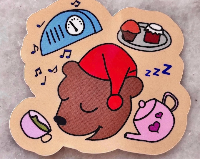 sleepy time bear glossy sticker | past my bedtime staying in snoozing vibes | for waterbottles laptops | cancelled plans coded