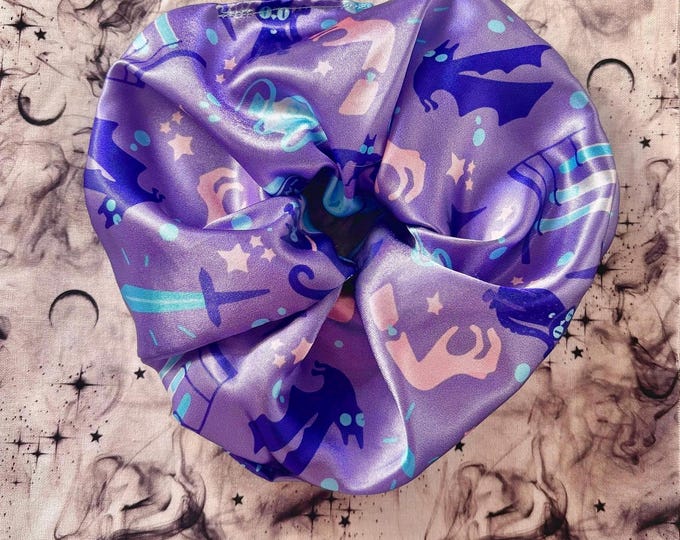 haunted aesthetic purple satin scrunchies | for updos pigtails ponytails | mad scientist creepy vibes | eyeballs black cats