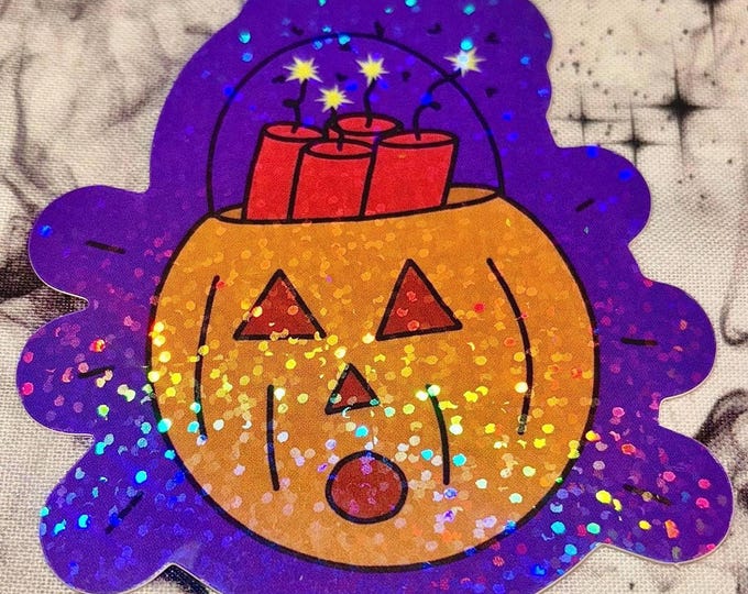 pumpkin dynamite sparkly sticker | spooky halloween explosion | for laptops waterbottles | surprised jack o lantern candy bucket