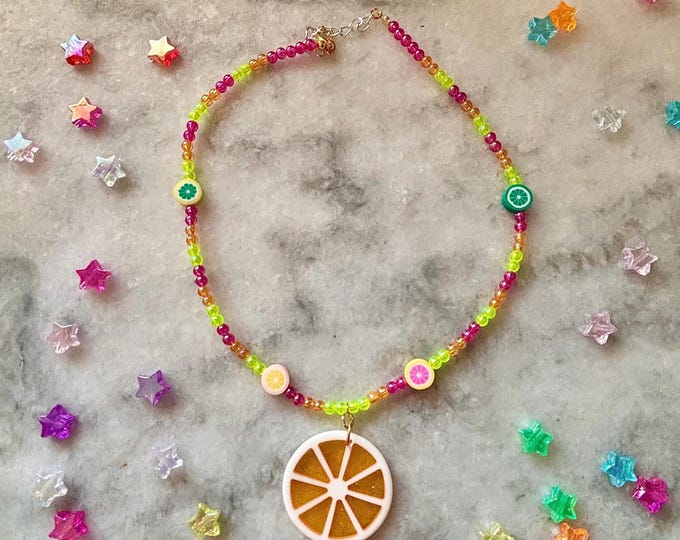 neon citrus fruit choker | bright miniature faux pearls with mandarin pendant | juicy summer vacay vibes | easy adjustable colorful necklace