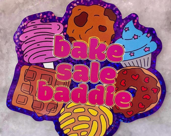 bake sale baddie glittery holographic sticker | for waterbottles laptops | concha waffle donut baked goods fan | cotton candy cupcake queen