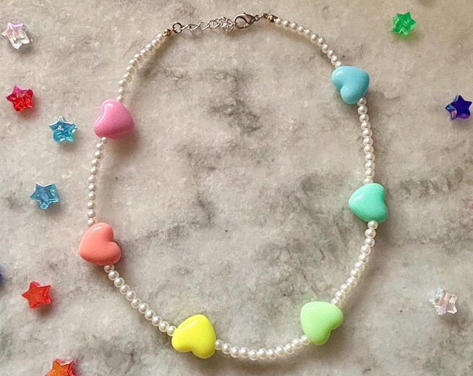 pastel rainbow heart pearl choker | kawaii jewelry for pastel princesses | whimsical mini pearl adjustable necklace | dreamy fantasy vibes