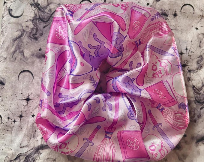 spooky cute pink satin scrunchies | for updos pigtails ponytails | witchy cats skulls cauldrons | pastel creepy aesthetic