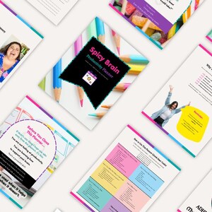Puede incluir: Una colecci&oacute;n de p&aacute;ginas de planificador coloridas con texto e im&aacute;genes, incluido un planificador titulado "Spicy Brain Productivity Planner". Las p&aacute;ginas presentan varios dise&ntilde;os, gr&aacute;ficos y texto, con una mujer con una blusa floral azul.