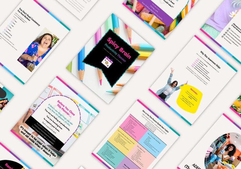 Puede incluir: Una colecci&oacute;n de p&aacute;ginas de planificador coloridas con texto e im&aacute;genes, incluido un planificador titulado "Spicy Brain Productivity Planner". Las p&aacute;ginas presentan varios dise&ntilde;os, gr&aacute;ficos y texto, con una mujer con una blusa floral azul.