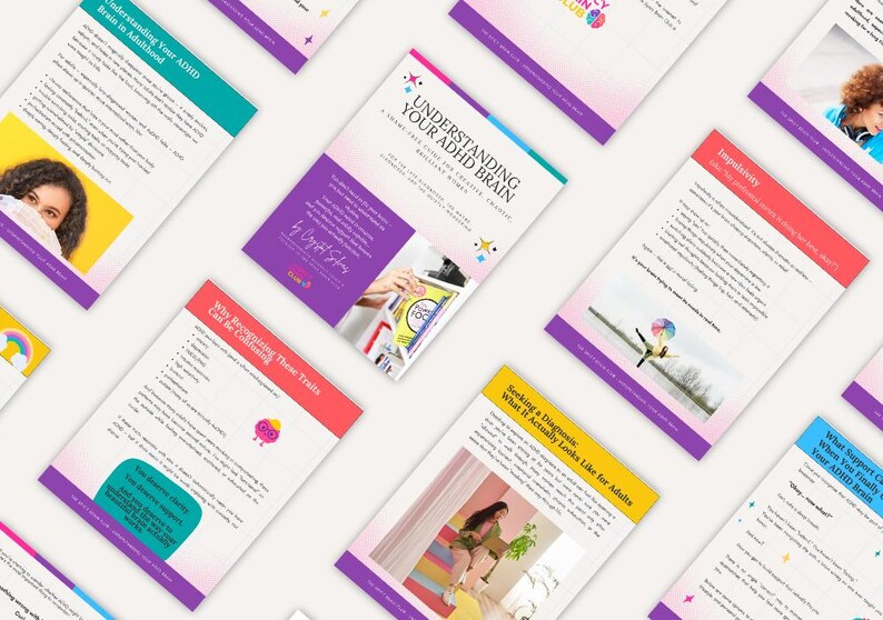 Puede incluir: Una colecci&oacute;n de folletos con bordes coloridos y texto. El folleto central dice "Understanding Your ADHD Brain" con texto adicional. Otros folletos tratan temas como la impulsividad y la b&uacute;squeda de un diagn&oacute;stico.
