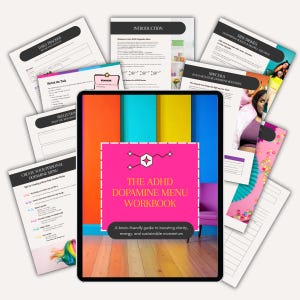 Puede incluir: Un libro de trabajo de men&uacute; de dopamina ADHD que se muestra en una tableta, rodeado de hojas de trabajo impresas. La portada del libro de trabajo es rosa con texto blanco y un dise&ntilde;o geom&eacute;trico geom&eacute;trico. El fondo presenta paneles naranjas, azules y amarillos.