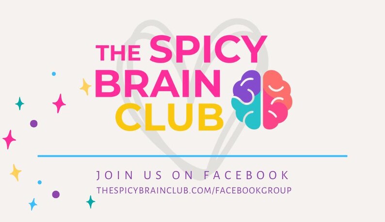 Puede incluir: Gr&aacute;fico promocional para "The Spicy Brain Club" con una ilustraci&oacute;n colorida del cerebro. El texto dice "The Spicy Brain Club" en rosa y amarillo, con una invitaci&oacute;n a unirse en Facebook.