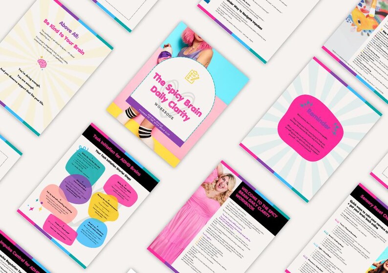 Puede incluir: Una colecci&oacute;n de cuadernos y gu&iacute;as coloridos con t&iacute;tulos como "The Spicy Brain Daily Clarity Workbook" y "Task Initiation for ADHD Brains." Las p&aacute;ginas presentan colores brillantes, ilustraciones y texto, incluida la frase "Be Kind to Your Brain."