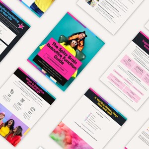 Puede incluir: Una colecci&oacute;n de gu&iacute;as y folletos educativos coloridos. La gu&iacute;a central se titula "The Spicy Brain Executive Function Guide". Otros documentos incluyen t&iacute;tulos como "Executive Functioning in Real Life" y "Supportive Strategies for Executive Function".