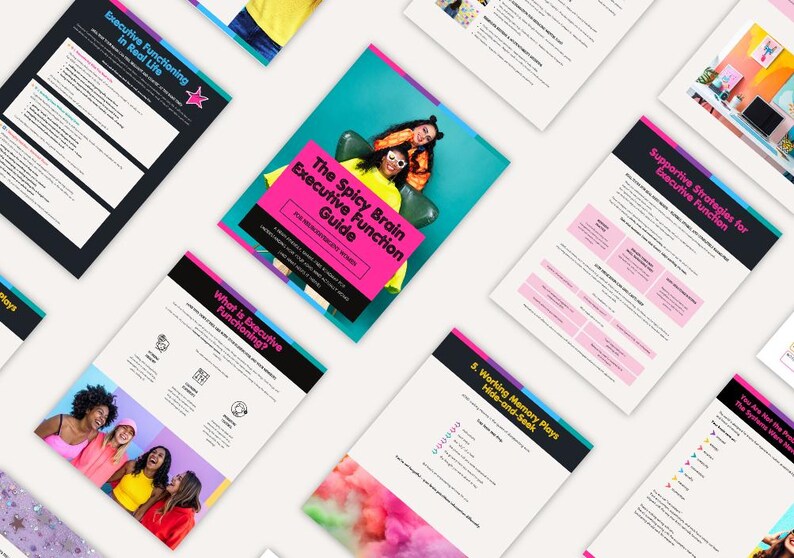 Puede incluir: Una colecci&oacute;n de gu&iacute;as y folletos educativos coloridos. La gu&iacute;a central se titula "The Spicy Brain Executive Function Guide". Otros documentos incluyen t&iacute;tulos como "Executive Functioning in Real Life" y "Supportive Strategies for Executive Function".