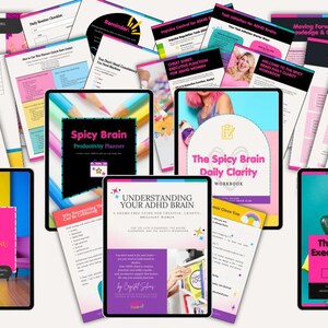 Puede incluir: Una colecci&oacute;n de cuadernos de trabajo y gu&iacute;as digitales, incluyendo planificadores de productividad "Spicy Brain" y recursos para el TDAH. Los dise&ntilde;os presentan colores brillantes, texto e im&aacute;genes, con t&iacute;tulos como "The Spicy Brain Executive Function Guide" y "Understanding Your ADHD Brain".