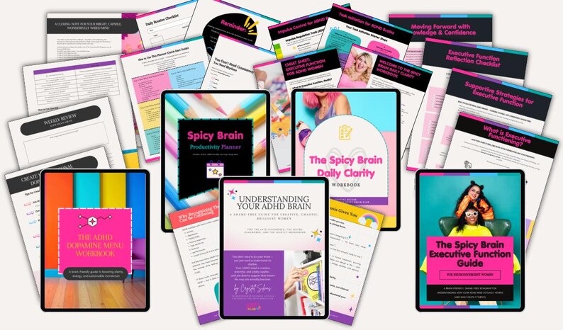 Puede incluir: Una colecci&oacute;n de cuadernos de trabajo y gu&iacute;as digitales, incluyendo planificadores de productividad "Spicy Brain" y recursos para el TDAH. Los dise&ntilde;os presentan colores brillantes, texto e im&aacute;genes, con t&iacute;tulos como "The Spicy Brain Executive Function Guide" y "Understanding Your ADHD Brain".